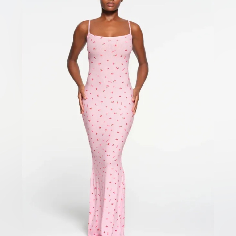 Skims Women's Soft Lounge Ribbed Long Slip Dress Cherry Print Valentines Small